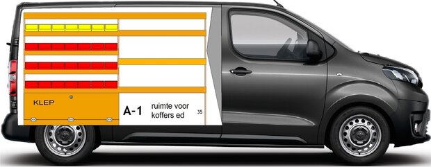 A1 Linkerzijde stelling met rode bakken en legbord gedeelte