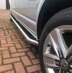 RVS Side-bar set Volkswagen T6.1 ('20>) & T5/T6 ('03-'19), LWB, WB3400, 45° bochten, hoogglans